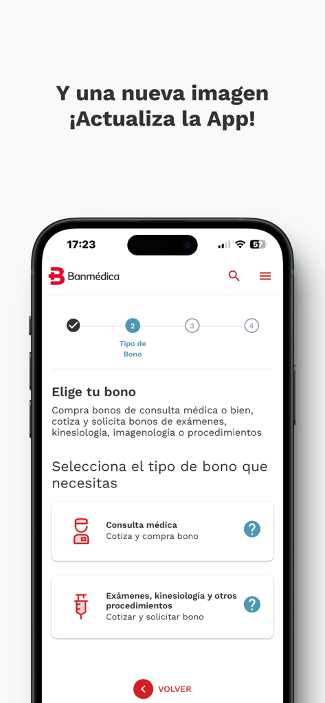 Banmédica - Banmedica app screen showing options for medical consultation and exam vouchers