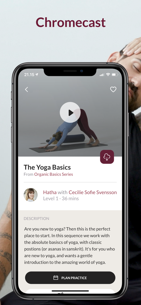 YogaStream app on a smartphone showing a yoga basics video with a Chromecast header