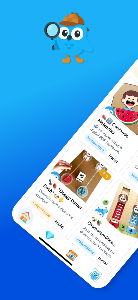 Pedagoteca - Pedagoteca app interface showing educational activities for children with a cute owl mascot