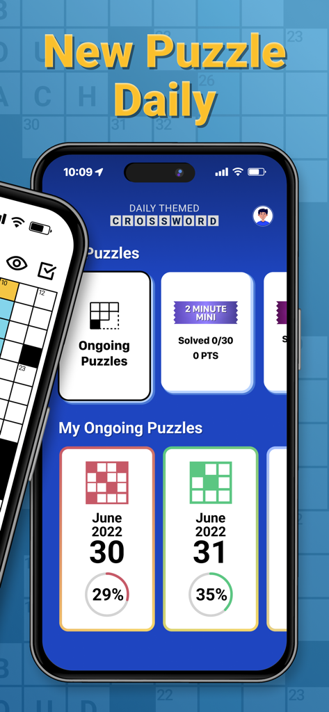 Interface of Daily Themed Crossword app showing daily puzzles and user progress