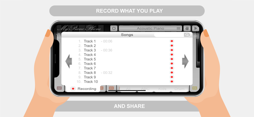 Uma tela do aplicativo My Piano Phone mostrando uma lista de faixas musicais gravadas e o recurso de compartilhamento