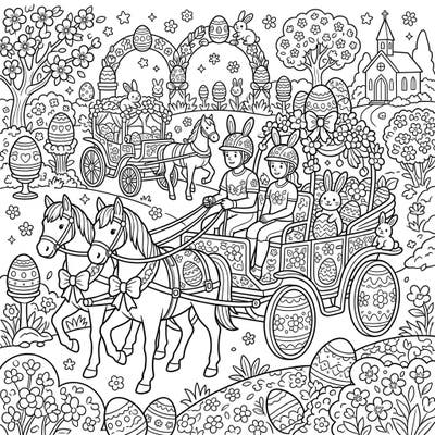 Celebrate Easter with this delightful coloring page featuring horse driving competitors. Adorned with festive decorations, bunnies, and colorful eggs, it's a perfect spring activity for all ages.