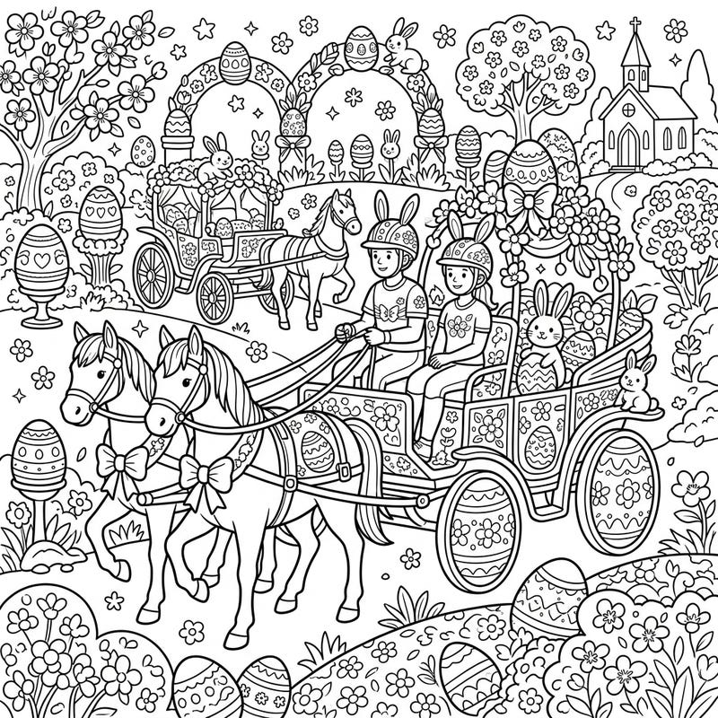 Celebrate Easter with this delightful coloring page featuring horse driving competitors. Adorned with festive decorations, bunnies, and colorful eggs, it's a perfect spring activity for all ages.