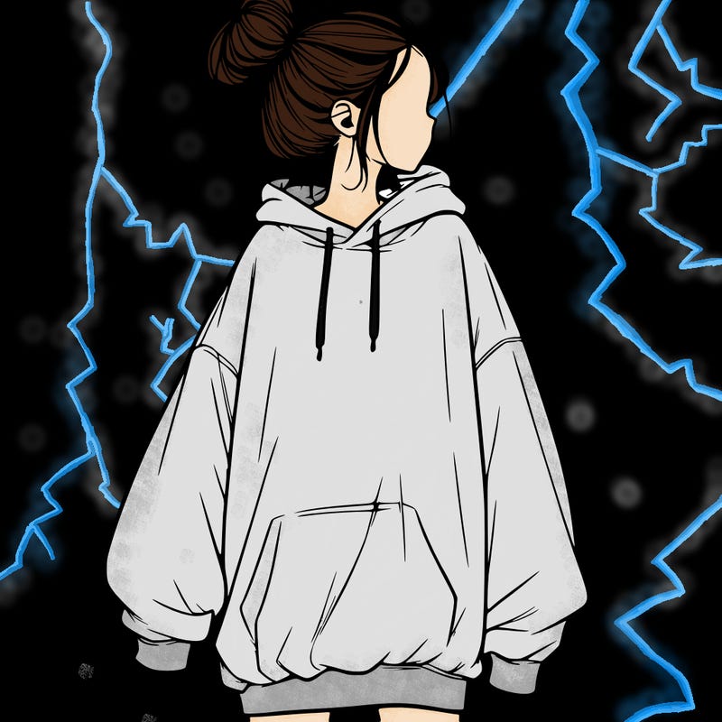 realistic girl with a oversized sweatshirt on and a bun