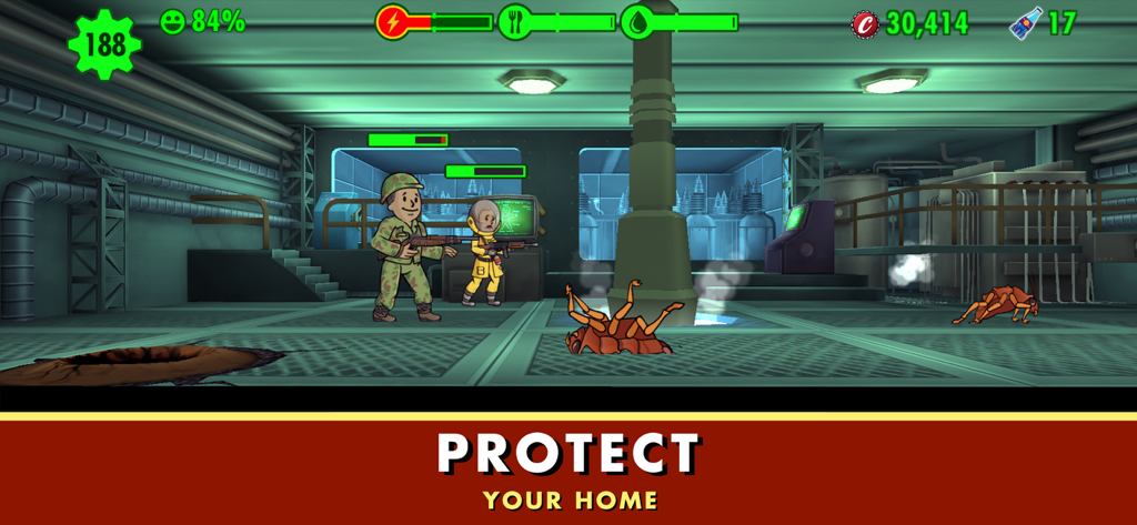 Two vault dwellers defending an underground room from giant radroaches in Fallout Shelter.