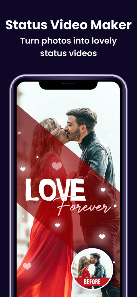 MBit: Reels & Video Templates - 스마트폰 화면에 커플과 하트 파티클이 있는 로맨틱 사랑 테마 템플릿이 있는 MBit 상태 비디오 메이커 표시