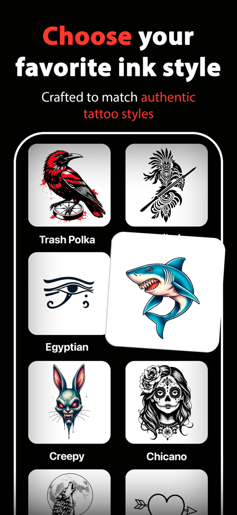 Auswahlbildschirm verschiedener Tattoo-Stile in der Inkit AI Tattoo Generator-App, einschließlich Trash Polka und Chicano-Kategorien.