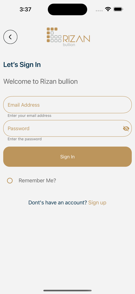 Rizan Bullion Pro - Sign-in screen for the Rizan Bullion Pro mobile app featuring email and password input fields