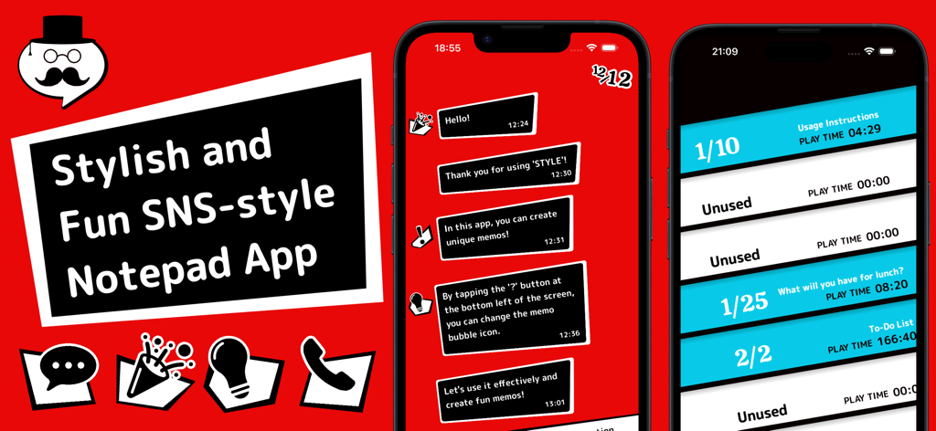 Stylish Notepad - STYLE - - Captures d'écran de l'application Stylish Notepad affichant son interface de chat de style SNS et des listes de mémos personnalisables dans des thèmes rouge et bleu