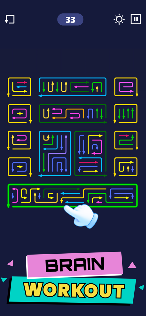 Un rompecabezas de lógica colorido del juego Arrow Maze con una superposición de texto 'Brain Workout' y patrones de flechas minimalistas sobre un fondo oscuro.