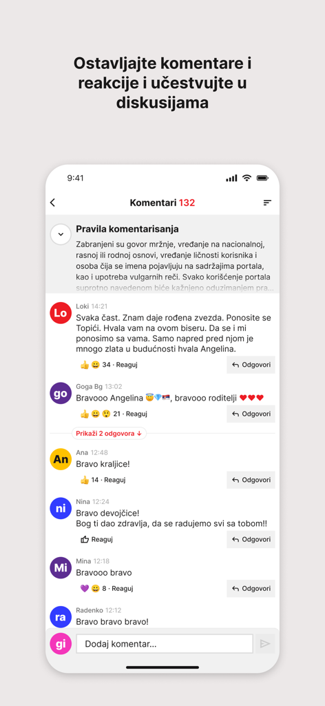Capture d'écran mobile affichant la section des commentaires et réactions des utilisateurs de l'application d'actualités Kurir