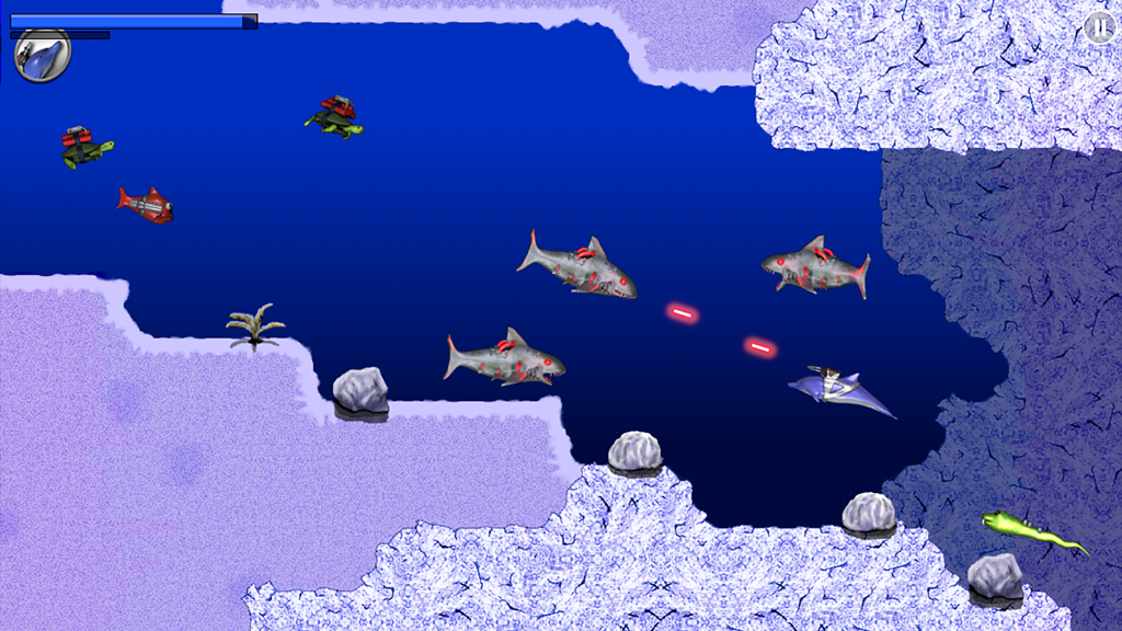 Laser Dolphin shooting lasers at mechanical sharks and explosive turtles in an underwater level