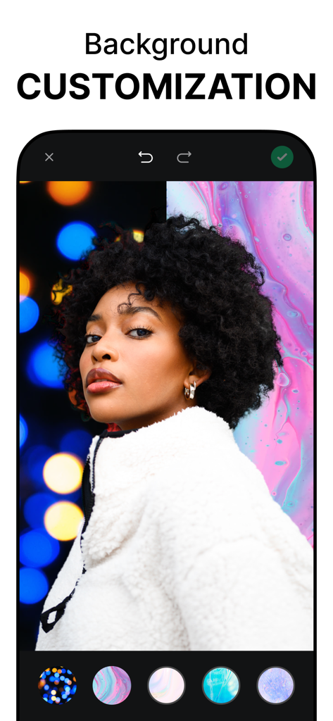 Background Eraser, AI - AppCut - AppCut app interface showing a split-screen view of a portrait being edited with a new colorful marble background