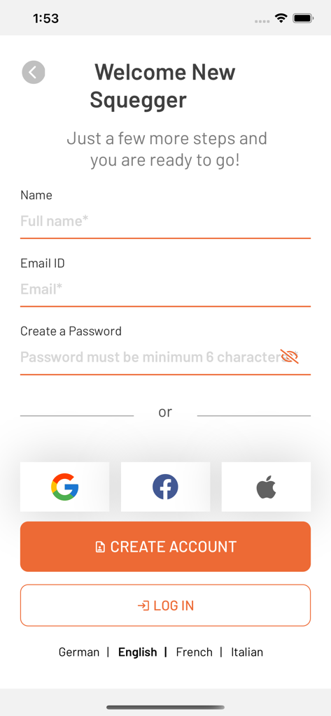 SQUEGG - Signup screen for SQUEGG app with name and email fields