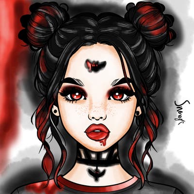 realistic girl with two buns in hair and lips