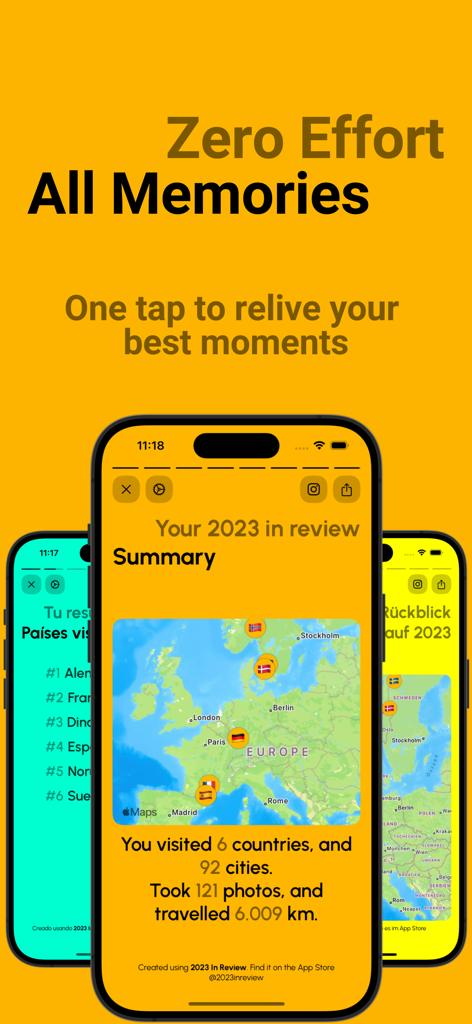 An iPhone displaying a travel summary with a map of Europe and trip statistics.
