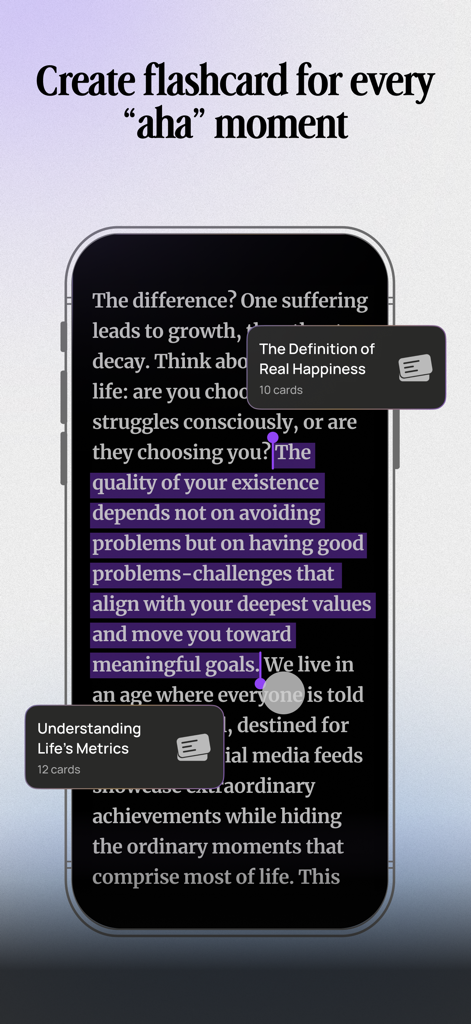 BeFreed app screen showing flashcard creation from highlighted text