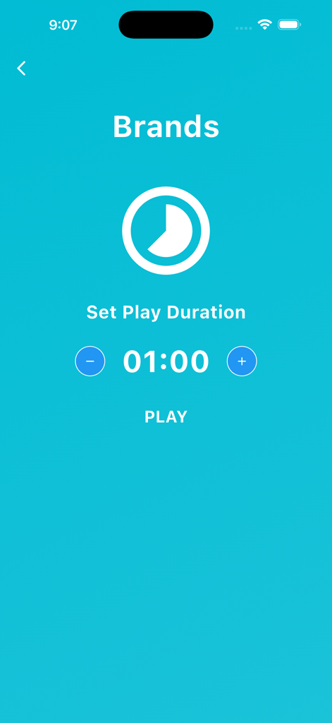 Act & Guess - Charades - Game settings screen for the Brands category in Act and Guess charades app showing a one minute play duration timer.