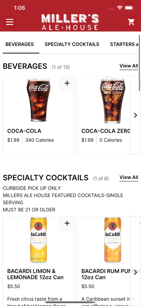 Tela do aplicativo Millers Ale House mostrando o menu de bebidas e coquetéis especiais com bebidas Coca-Cola e Bacardi