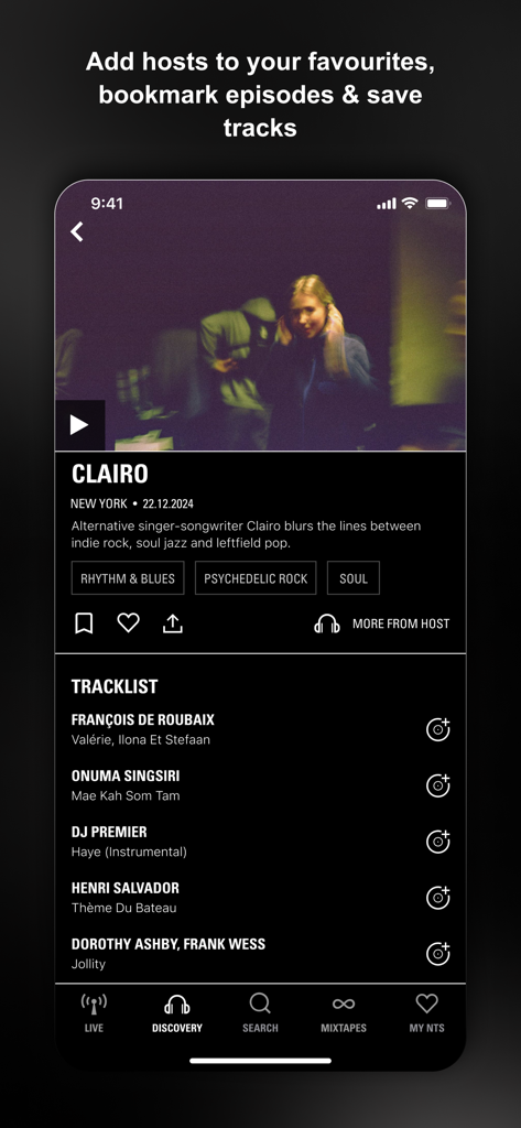 NTS Radio app showing a curated music episode by Clairo with a detailed tracklist and genre tags.