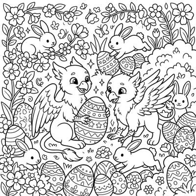Dive into a whimsical Easter celebration featuring two charming albino griffins alongside playful bunnies. This delightful coloring page is packed with decorated eggs and blooming spring flowers, promising hours of creative enjoyment.