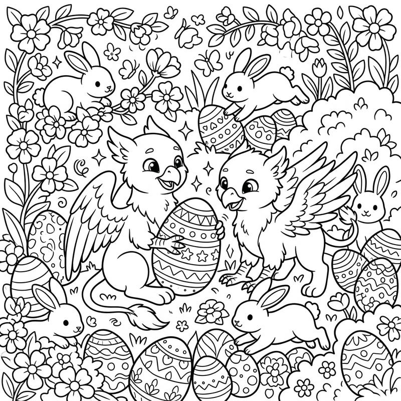 Dive into a whimsical Easter celebration featuring two charming albino griffins alongside playful bunnies. This delightful coloring page is packed with decorated eggs and blooming spring flowers, promising hours of creative enjoyment.