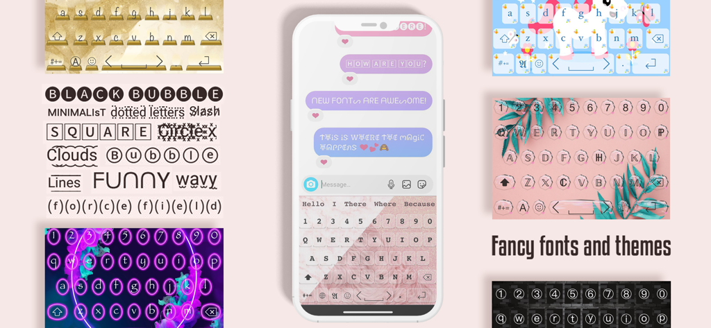 KeyPro – Keyboard Themes Fonts - La aplicación KeyPro muestra múltiples temas de teclado estéticos y fuentes personalizadas