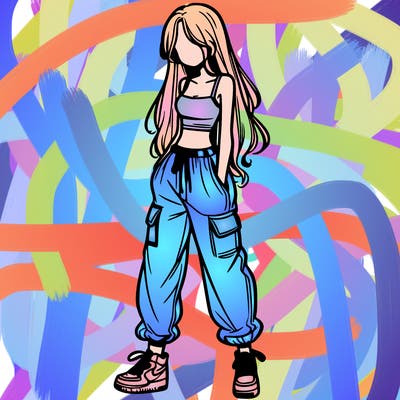 girl in baggy pants crop top and long hair