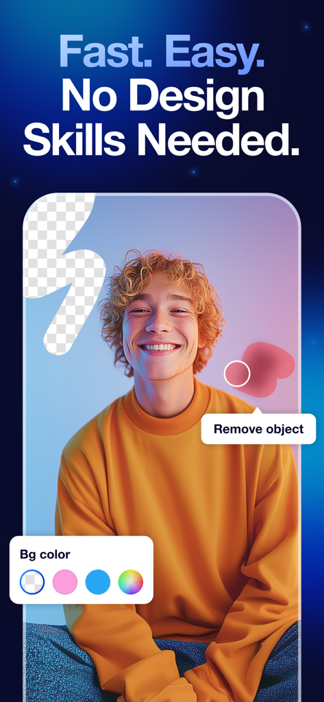 Background Remover+ - AI photo editing interface showing background removal and object eraser features on a portrait photo