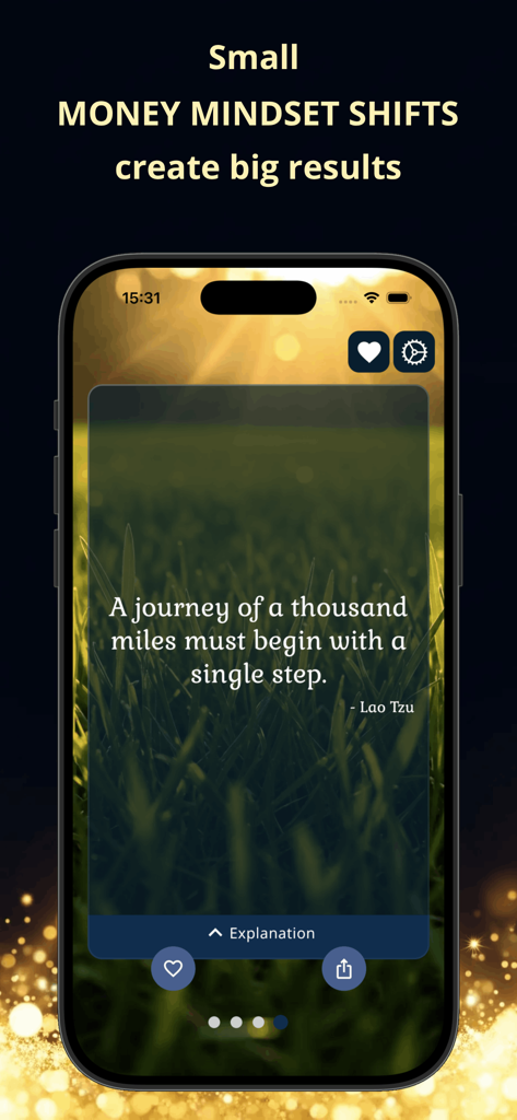 Financial Coach: Money Tips - Financial Coach 앱 인터페이스에 마인드셋 변화와 재정 건전성에 대한 Lao Tzu의 영감을 주는 명언이 표시됨.