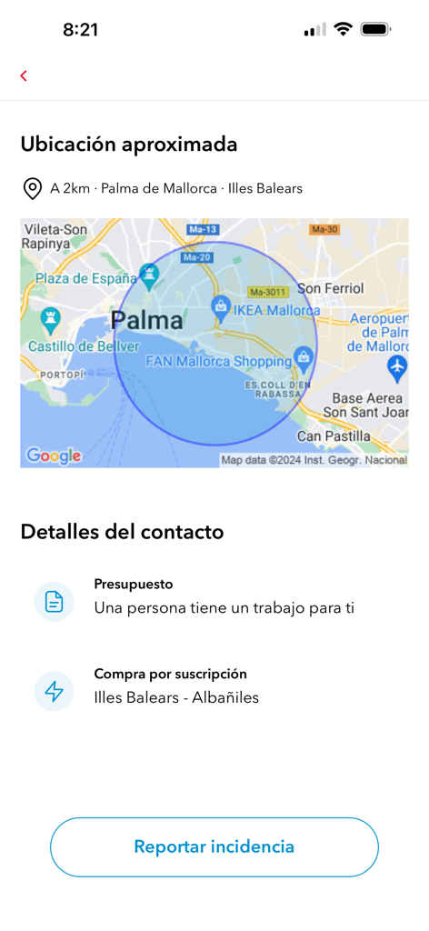 Interface da app Habitissimo exibindo um mapa de localização de trabalho e detalhes de contacto para profissionais de serviços