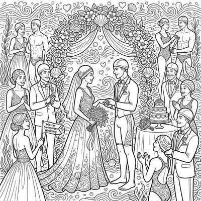 Embark on a truly unique coloring adventure with our Master Swimmers Wedding page, where competitive spirits meet romantic celebration. This delightful scene features a wedding ceremony with guests in both elegant attire and swimming gear, set against a beautifully detailed aquatic backdrop.