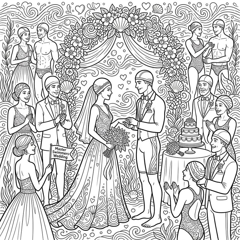 Embark on a truly unique coloring adventure with our Master Swimmers Wedding page, where competitive spirits meet romantic celebration. This delightful scene features a wedding ceremony with guests in both elegant attire and swimming gear, set against a beautifully detailed aquatic backdrop.