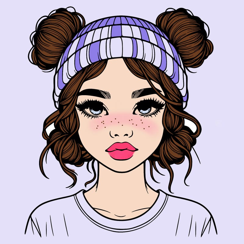 realistic girl with buns in her hair with a beanie on
