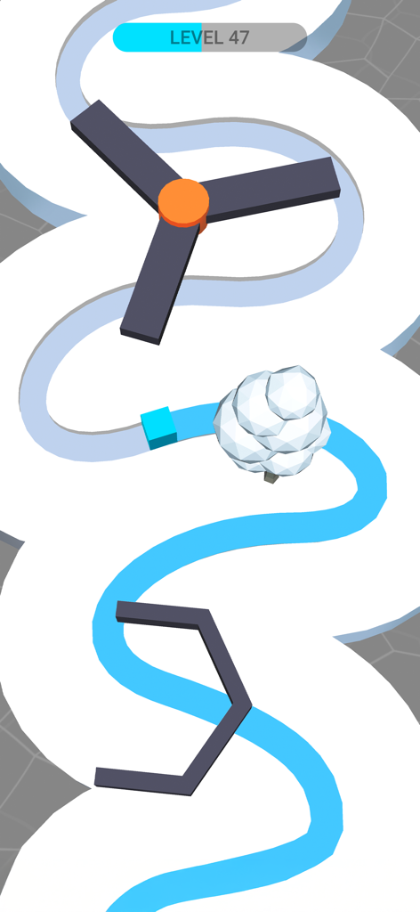 Line Color 3D - Line Color 3Dのモバイルゲームで、青いキューブが白い曲がりくねった道を青いトレースでペイントしている様子。回転するプロペラやローポリの木などの障害物を避けている。