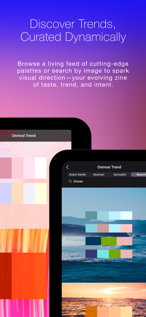 Color Wheel + Osmosi AI - 風景写真から抽出されたダイナミックなカラー傾向とキュレーションされたパレットを表示するColor Wheel Osmosi AIのモバイルアプリインターフェース。