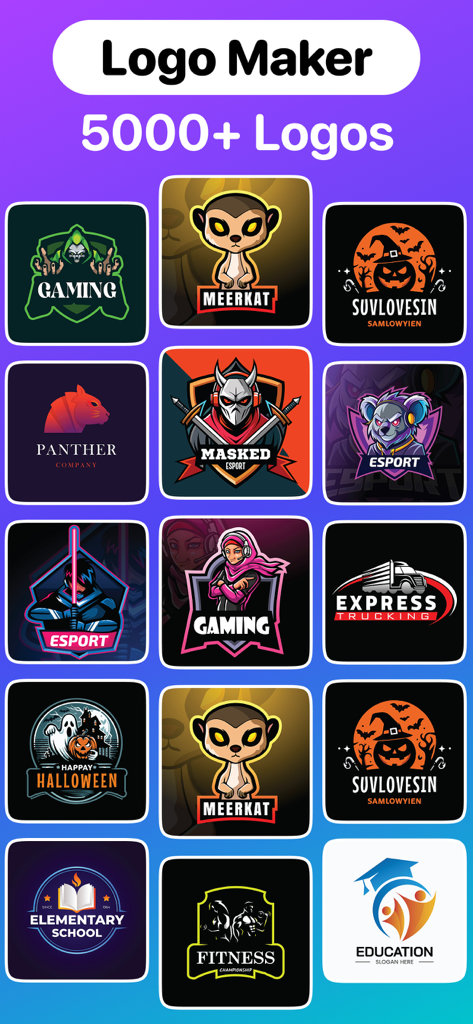Logo Maker and AI Logo Creator - Una colección de varias plantillas de logos profesionales, incluyendo mascotas de gaming de esports y negocios