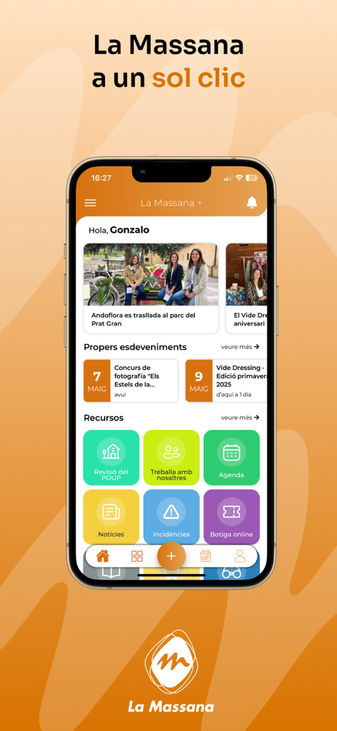 Dashboard of the La Massana plus mobile app showing local news upcoming events and civic resources on a smartphone