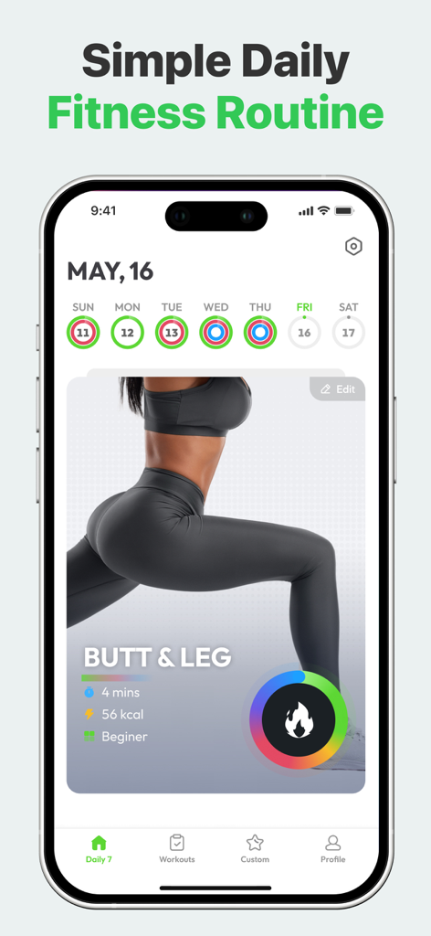 7 Minute Workout: Exercise App - App-Oberfläche für 7 Minute Workout, die eine Anfänger-Po- und Bein-Fitnessroutine auf einem iPhone zeigt.