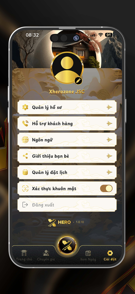 Xhero - Xheroモバイルアプリケーションのユーザープロファイルと設定メニュー。金と黒の美学があります