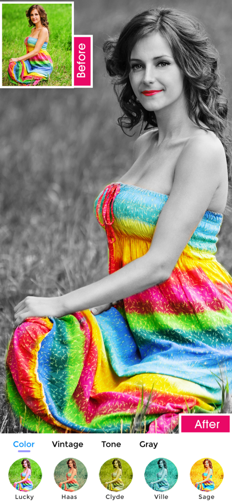 Before and after comparison of selective colorization on a portrait using the Photo Splash app