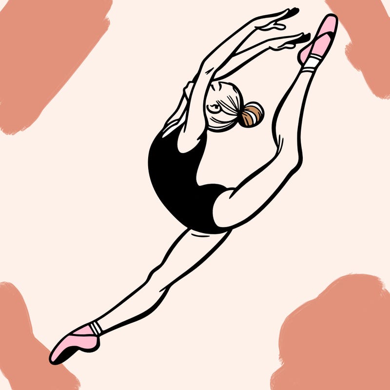gymnast doing a leap in a leotard with a bent back leg