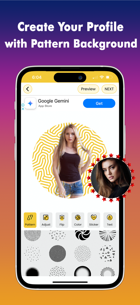 Social Profile Maker - Un smartphone mostrando la interfaz de la aplicación Social Profile Maker con la foto de una mujer con un fondo de patrón de laberinto amarillo e íconos de edición