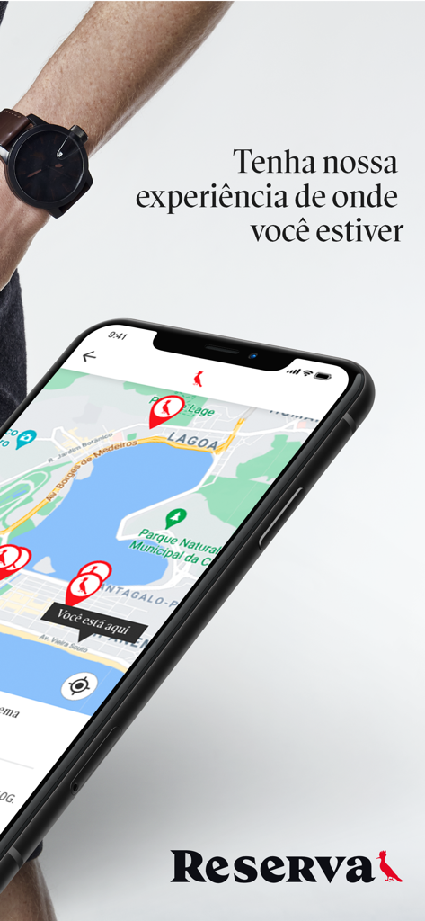 쇼핑 및 매장 픽업을 위한 Reserva 앱 매장 찾기 지도를 보여주는 스마트폰 화면