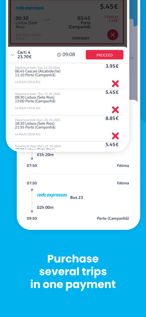 Rede Expressos - A screenshot of the Rede Expressos bus booking app showing multiple tickets in a shopping cart for a single payment.