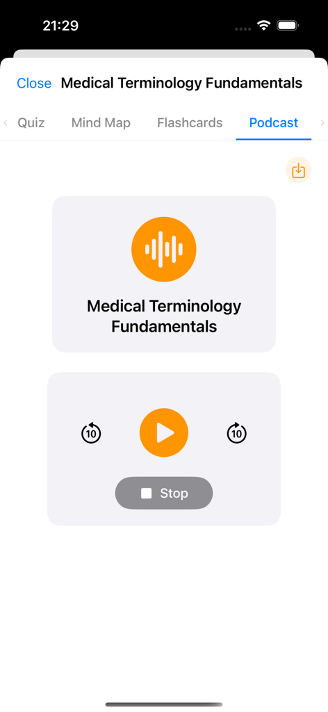 Brainote AI: note,mindmap,memo - Brainote AI app interface showing an AI podcast player for medical terminology fundamentals.
