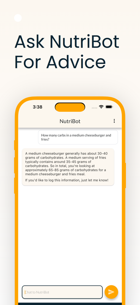 NutriScan: Know What You Eat - NutriScanアプリのNutriBot AIチャットボットが、チーズバーガーとフライドポテトの食事の炭水化物情報を提供しています。
