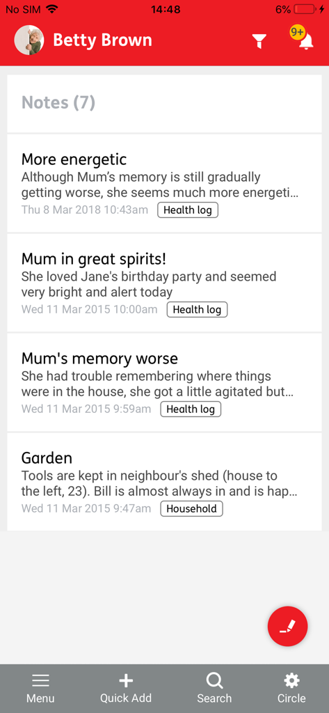 Jointly - Schermata dell'app Jointly che mostra un elenco di note sanitarie e domestiche per un beneficiario delle cure