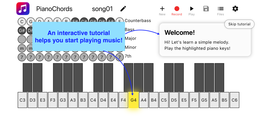 Piano Chords: keys + accordion - Ein Bildschirm, der das interaktive Tutorial und das musikalische Keyboard der Piano Chords App zeigt