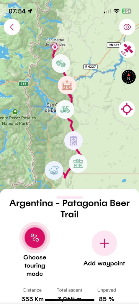 Rolling Around - Rolling Around app interface displaying a bikepacking route for the Patagonia Beer Trail with distance and waypoint data